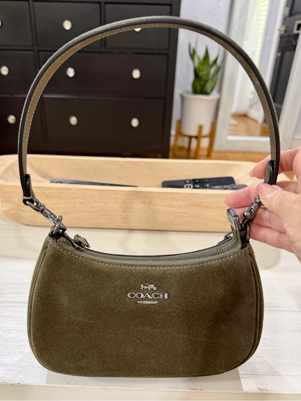 Coach Teri Mini Crossbody Bag Olive Suede with Silver Hardware